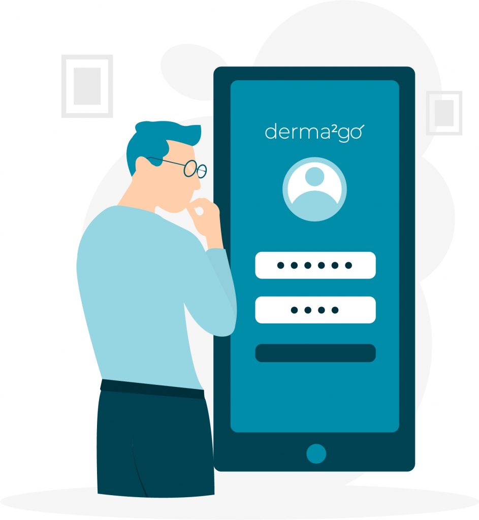 Das Bild zeigt eine illustrierte Person, die vor einem Desktop steht und eine Anfrage bei der Teledermatologie-Plattform derma2go stellen möchte. Das Bild zeigt die Phase der Registrierung.