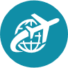 Das Bild zeigt ein Icon mit einer Weltkugel und Flugzeug. Es soll verdeutlichen, dass von überall und jederzeit eine Anfrage gestellt werden kann.